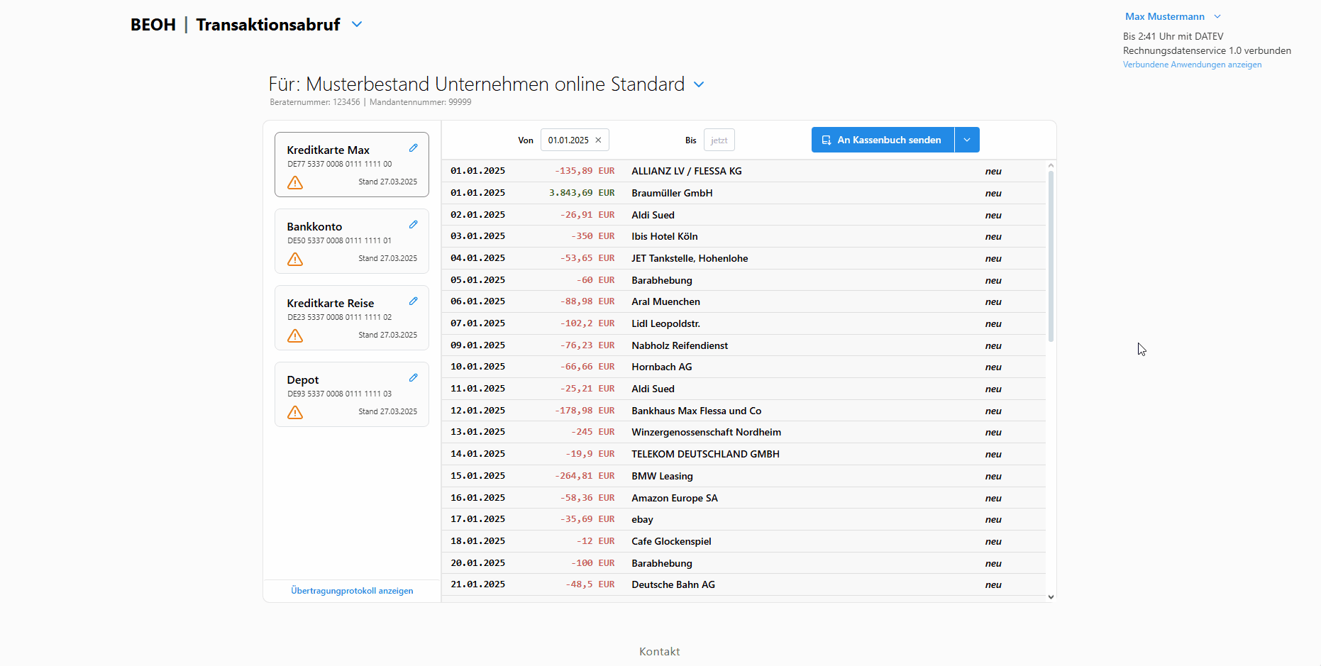 Screenshot der Transaktionsübermittlung